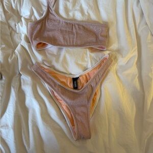 Shimmering Pink Triangl One-Shoulder Bikini Set